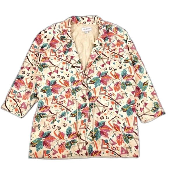 VINTAGE 100% Silk 90s Artsy Eclectic Button Down Parka Windbreaker Jacket Large - Picture 1 of 7